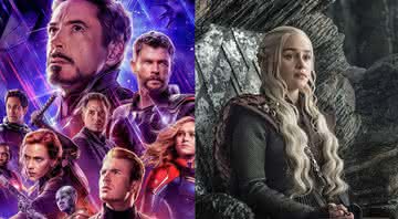 Cartaz de Vingadores: Ultimato e Daenerys sentada em um trono em Game of thrones - Divulgação/Disney/HBO