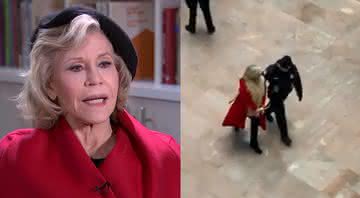 Jane Fonda em entrevista para a Associated Press e sendo presa pela quinta vez - YouTube/Instagram