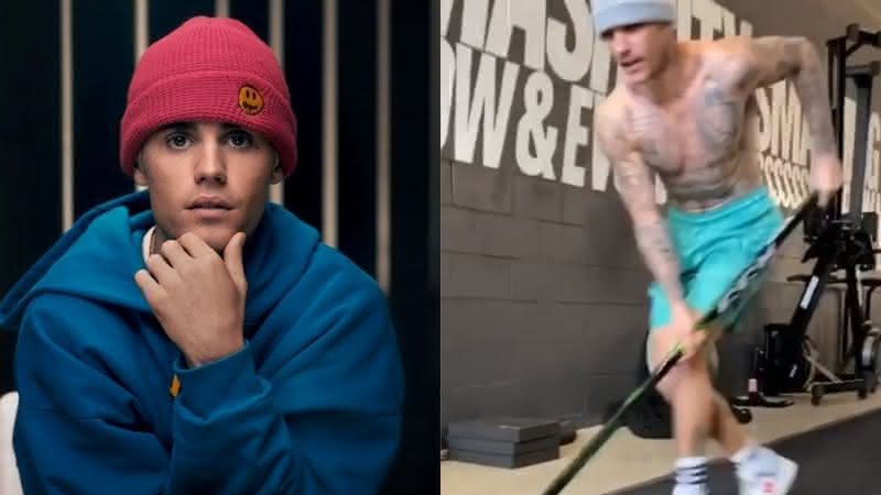 Justin Bieber em foto de divulgação e em vídeo jogando hóquei - Instagram