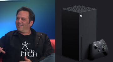 Phil Spencer em entrevista ao Giant Bomb e imagem do Xbox Series X - Reprodução/YouTube/Divulgação/Microsoft