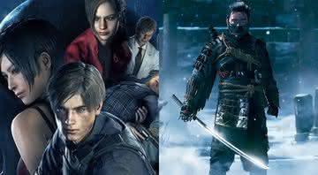 Personagens do remake de Resident Evil 2 e captura de tela do game Ghost of Tsushima - Capcom/Sucker Punch Production