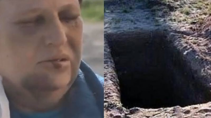Imagens da mulher enterrada pelo vizinho e da cova - Transmissão Imprensa local ucraniana